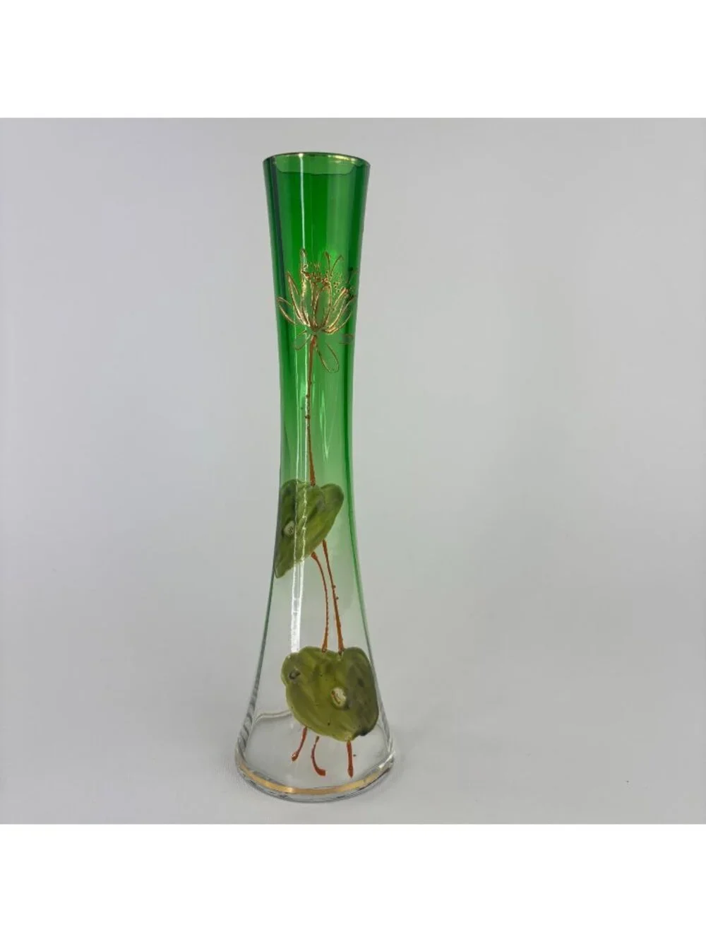 Vintage Emerald Green Glass Vase Gold Hand Painted Flowers 10” Tall